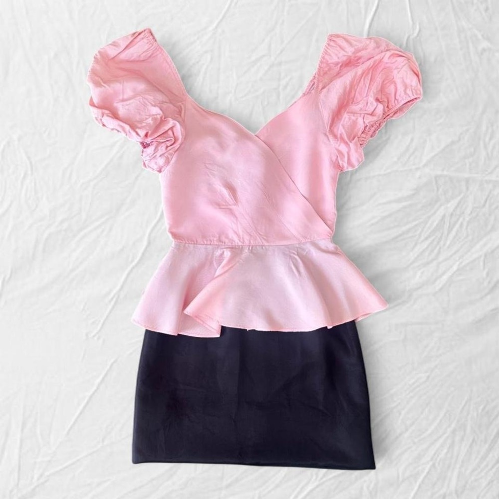 Vintage 80s pink puff sleeve peplum dress